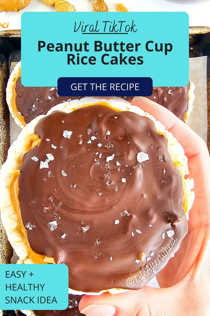 a person holding up a peanut butter cup pie with chocolate frosting on top and the words, get the recipe easy + healthy snack idea