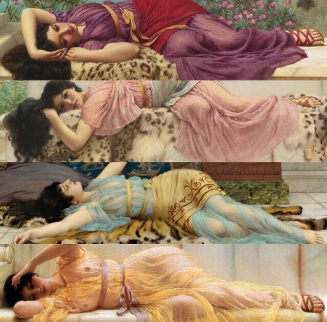 four different paintings of women laying on the ground