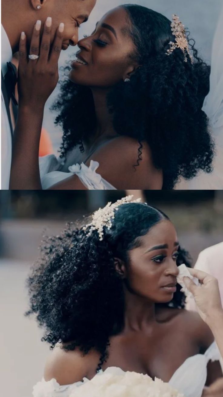 two different shots of a woman in wedding dress and man in tuxedo kissing each other