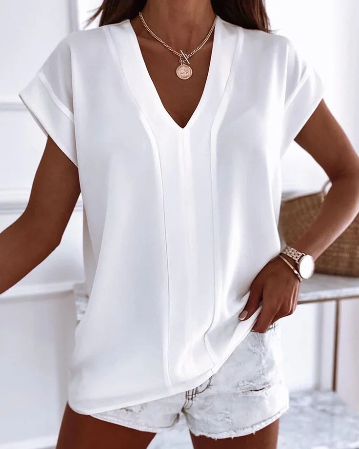 Style:CasualType:TeeMaterial:PolyesterNeckline:V-NeckSleeve Style:Cap SleeveLength:RegularPattern Type:PlainFit Type:RegularOccasion:DailyPackage Include:1*T-Shirt S: bust:38.6(inch); hips:44.1(inch); top length:26.0(inch); M: bust:40.6(inch); hips:46.1(inch); top length:26.4(inch); L: bust:42.5(inch); hips:48.0(inch); top length:26.8(inch); XL: bust:44.5(inch); hips:50.0(inch); top length:27.2(inch); Chic White V-neck T-shirt, Solid V-neck T-shirt For Work, Casual White V-neck Top, White V-neck Casual Top, White Relaxed Fit V-neck Short Sleeve Top, Casual V-neck Short Sleeve Top For Work, Casual White V-neck Short Sleeve Top, Chic White T-shirt For Workwear, Chic White T-shirt For Office