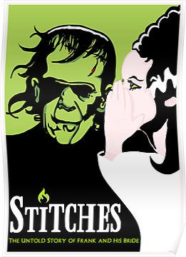 an image of a man and woman with the words stitches on their face, in green