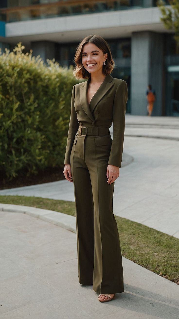 Discover stylish trousers outfit ideas for women for every occasion - from formal and casual to office and special events Explore a variety of styles including classic black trendy terracotta classy pink suit elegant olive green versatile grey polo and chic green shirt Elevate your wardrobe with these fashionable and versatile trousers outfits Dark Green Classy Outfit, Event Suit Women, Terracotta Suit Women, Classy Slacks Outfit Women, Olive Suit Women Outfit, Classic Trousers Women Outfit, Olive Trouser Outfit Women, Brown Suit Outfits For Women, Sage Green Trousers Outfit