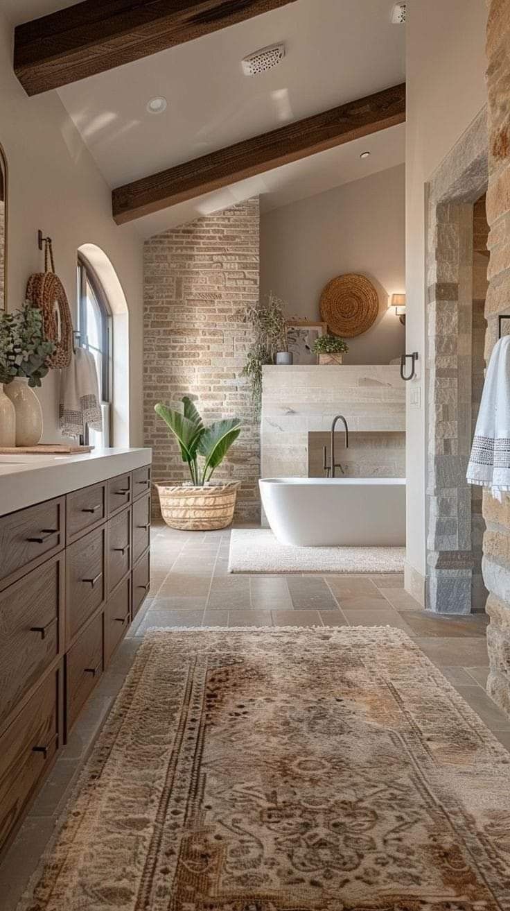 a large bathroom with stone walls and flooring is shown in this image, there are two sinks on either side of the bathtub