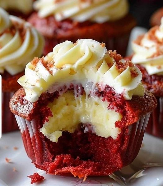 red velvet cupcakes with white frosting and sprinkles on a plate