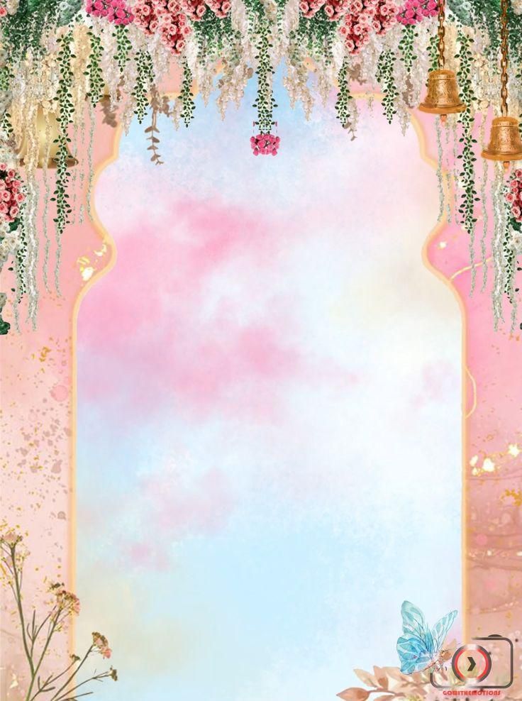 an ornate pink and gold background with flowers, bells and hanging lights on the ceiling