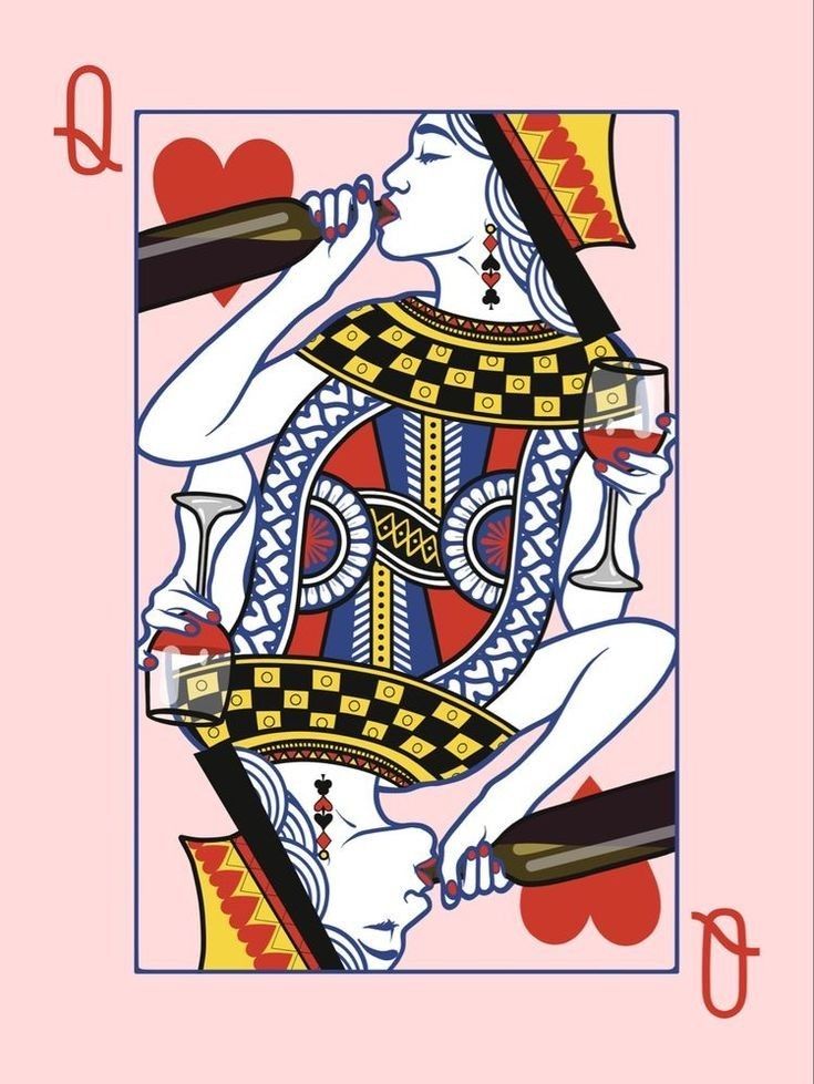 a playing card with the queen of spades holding a glass in one hand and an empty bottle in the other