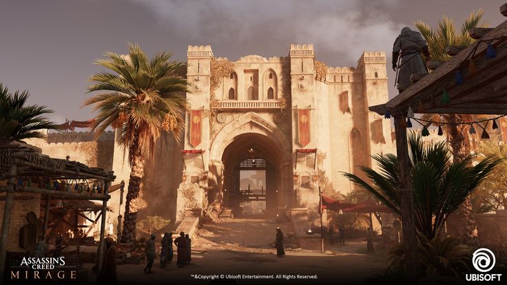 an old building surrounded by palm trees and people