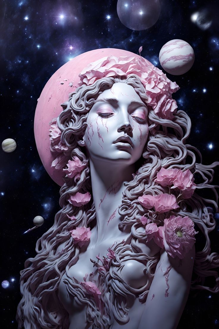 a woman with long hair and pink flowers on her head in front of the planets