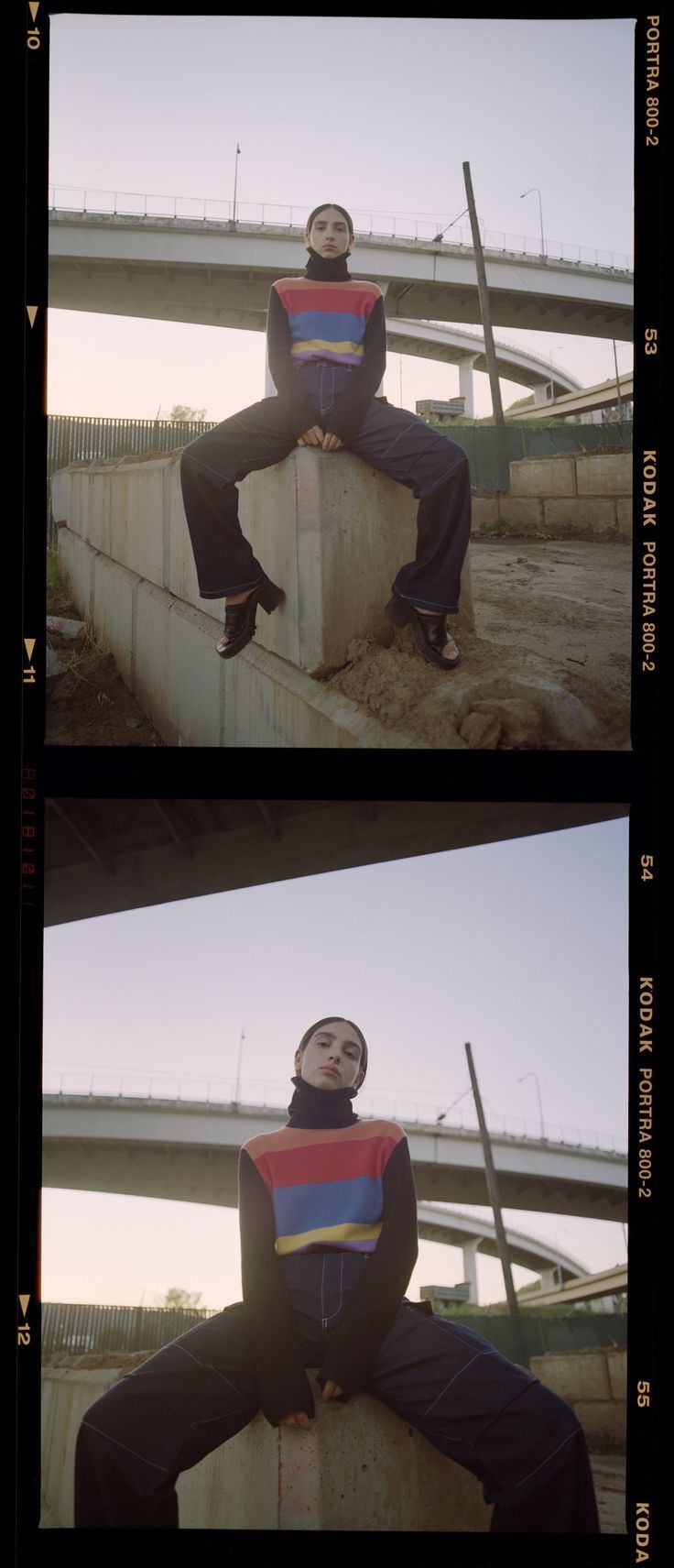 two pictures of a man sitting on a wall with his legs crossed and one is wearing a rainbow shirt