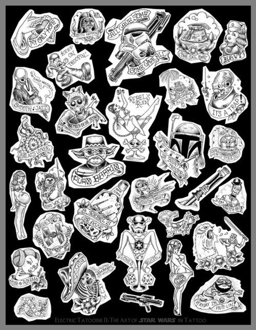 a black and white drawing of various tattoos