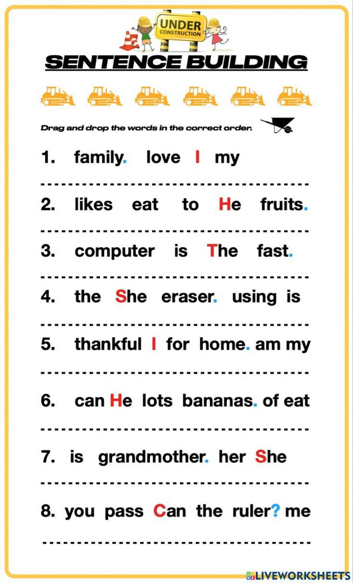 sentence building worksheet for kids with pictures and words on the page, which includes instructions