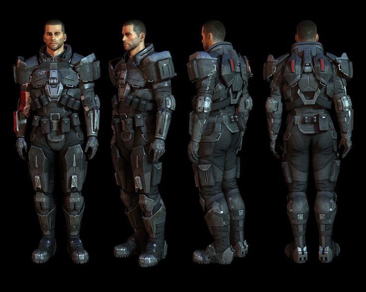 some sci - fi characters are standing together in different poses, with helmets and body armor on