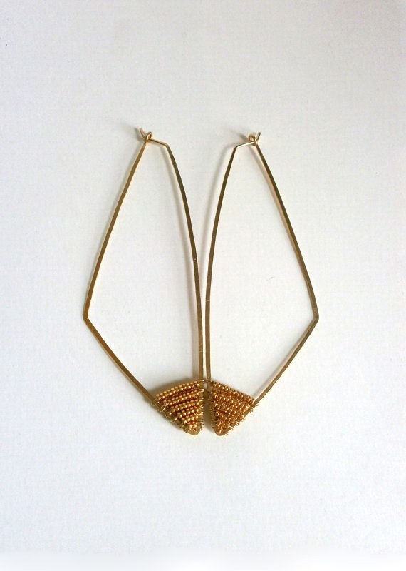 3 Gold Hoops Gold Wire Earring Long Triangle by BellantiJewelry Handmade Geometric Gold Earrings, Gold Geometric Beaded Earrings As A Gift, Gold Geometric Beaded Earrings For Gift, Gold Beaded Hoop Earrings For Party, Gold Hoop Earrings With Beads For Party, Geometric Beaded Gold Earrings, Gold Beaded Geometric Earrings, Geometric Gold Beaded Earrings, Gold Geometric Beaded Earrings