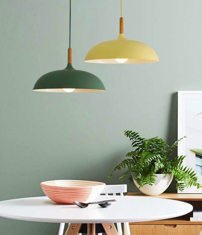 two pendant lights hanging over a table with a bowl and plant in the foreground