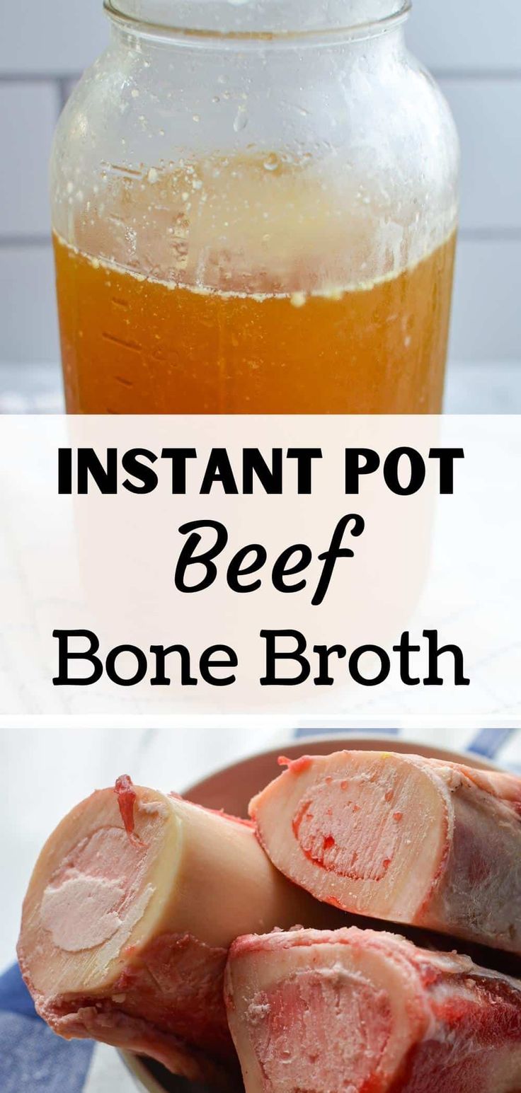 instant pot beef bone broth recipe in a jar and on a plate next to it