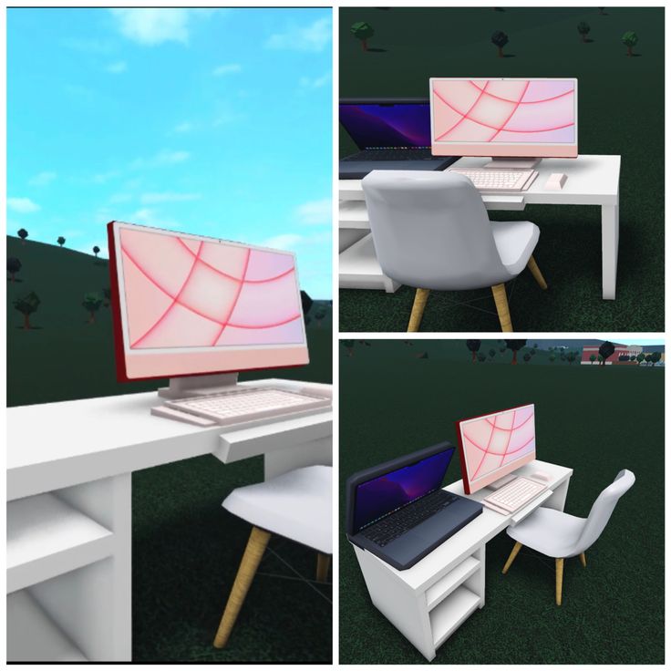 four different views of a desk with a lap top and chair in front of it