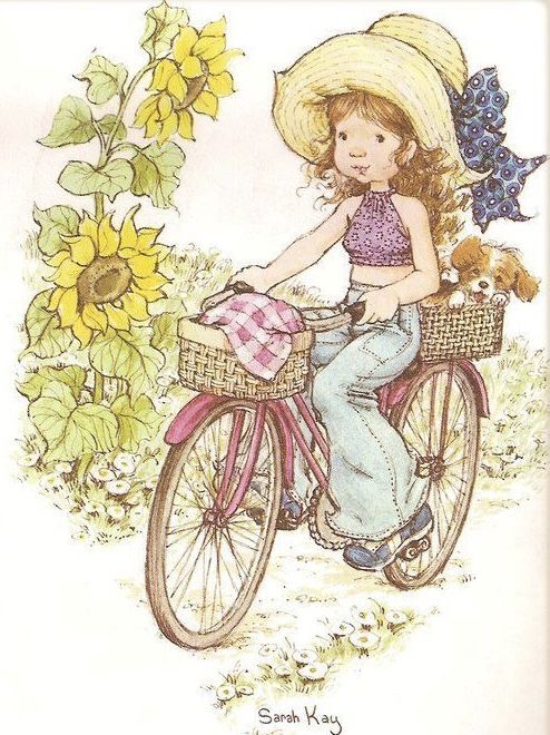 a drawing of a girl on a bicycle with sunflowers