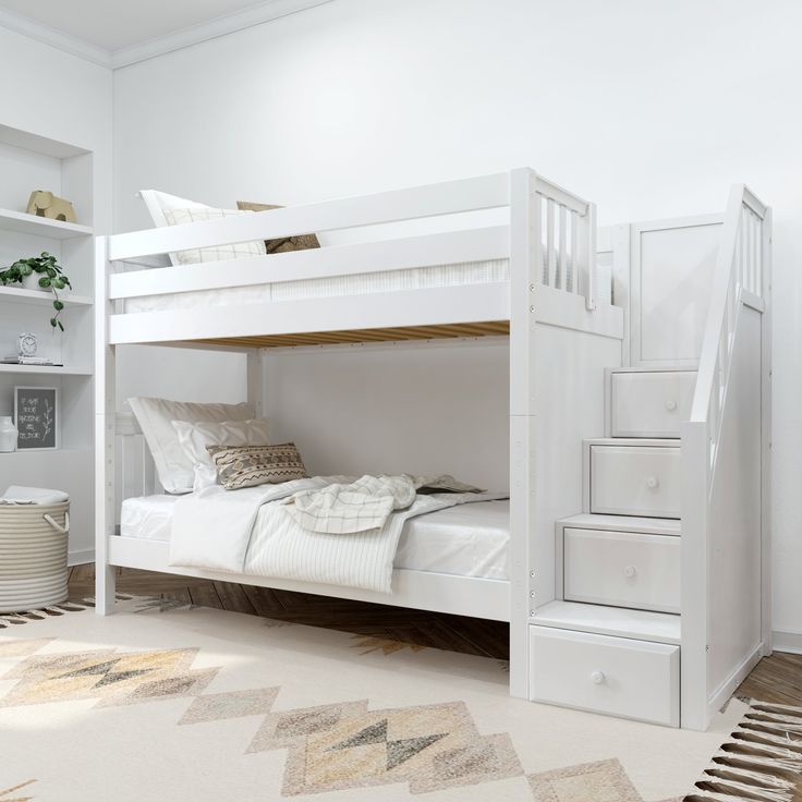 a white bunk bed sitting in a bedroom next to a dresser and bookcase on top of a carpeted floor