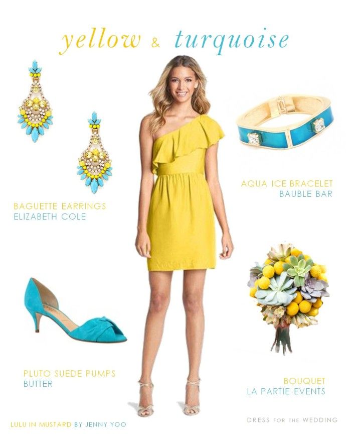 Yellow Dress and Turquoise Accessories Yellow Dress For Wedding, Yellow Dress Accessories, Yellow Shoes Outfit, What Jewelry To Wear, Turquoise Accessories, Mustard Yellow Dress, Yellow Wedding Dress, Below The Knee Dress, Dress Earrings