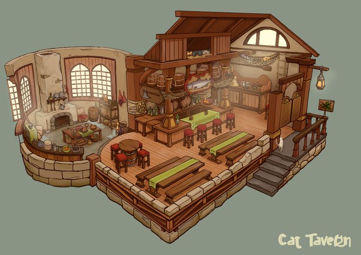 ArtStation - Cat Tavern Dnd Tavern Exterior, Tavern Floor Plan, Minecraft Tavern Ideas Interior, Game Building Concept Art, Magic Shop Concept Art, Tavern Minecraft Ideas, Medieval Tavern Concept Art, Minecraft Medieval Tavern Interior, Minecraft Fantasy Tavern