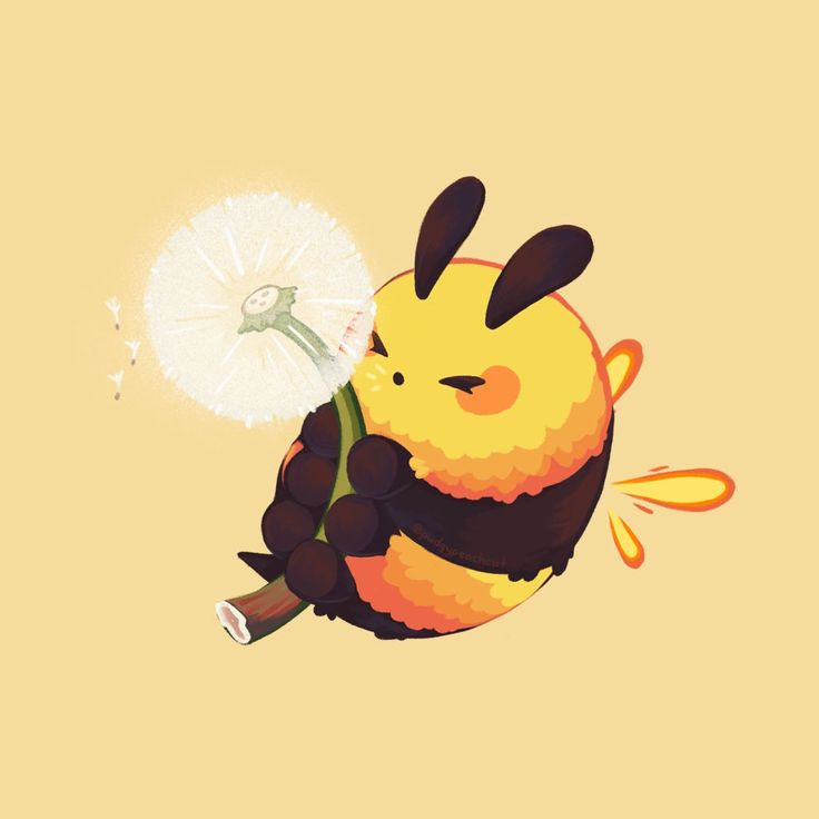 a yellow and black bee holding a dandelion in it's paws on a beige background