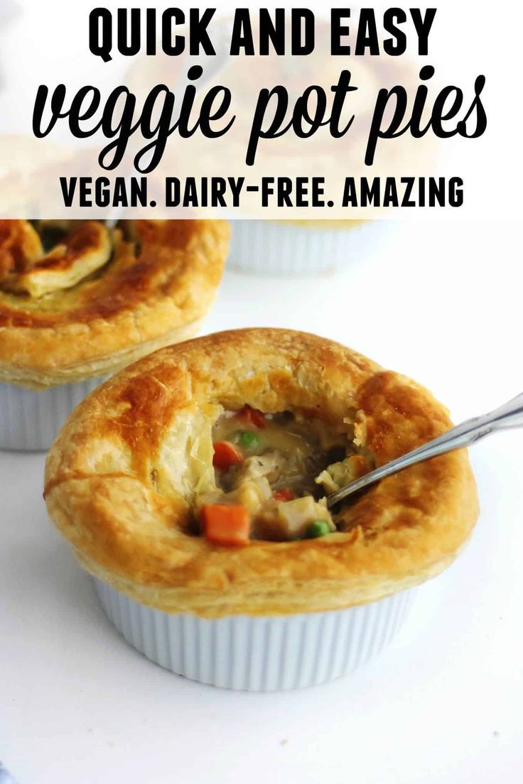 two small pies sitting on top of a white table with text overlay that reads quick and easy veggie pot pies vegan dairy - free amazing