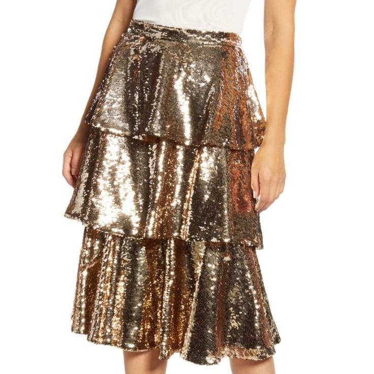 Rachel Parcell Tiered Sequin Skirt You Were Meant To Shine In This Glittery Sequin-Covered Skirt With Tiered Ruffles For That Party-Ready Feel. 29 1/2" Length (Size Medium) Hidden Side-Zip Closure Lined 100% Polyester Hand Wash, Dry Flat Imported Pink Lace Skirt, Gold Sequin Skirt, Button Front Denim Skirt, Ruched Midi Skirt, Rachel Parcell, Chiffon Maxi Skirt, Eyelet Skirt, Gold Skirt, Tiered Midi Skirt