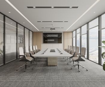 an empty conference room with large windows overlooking the cityscape, and a long white table surrounded by beige chairs