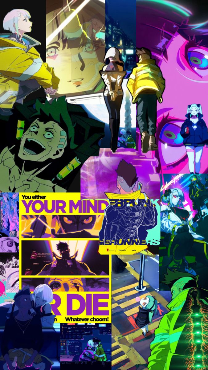 an animated collage with people and neon colors