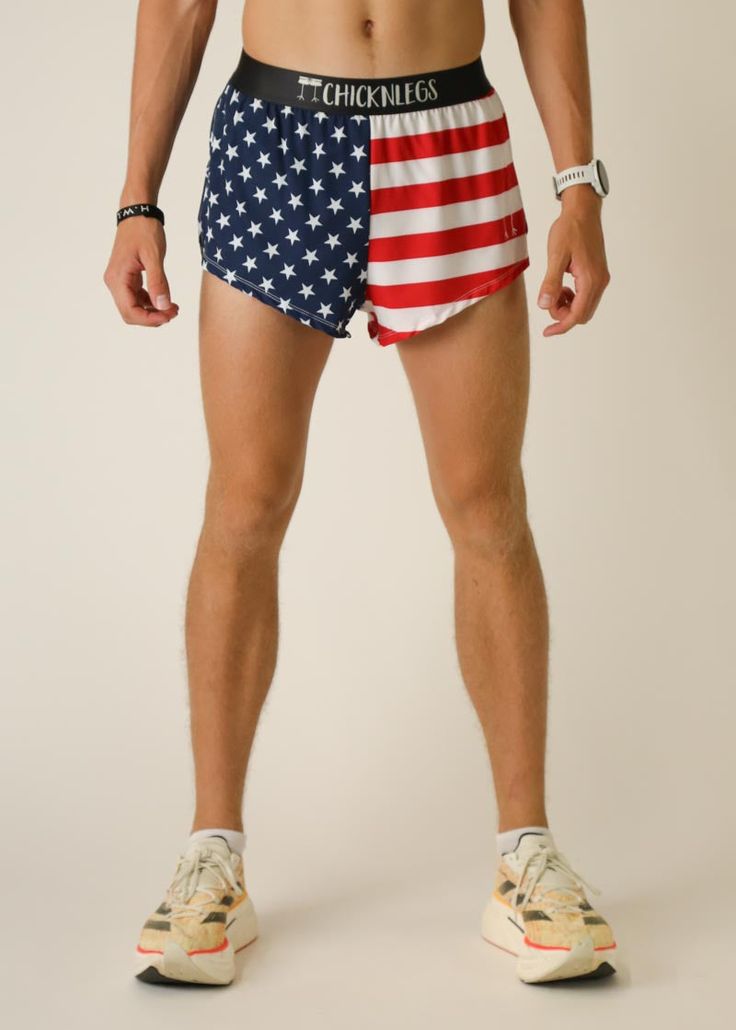 Do you have ChicknLegs? God Bless America 🦅 These American flag shorts are the perfect addition to any run! The ChicknLegs 2" split running shorts are known for their lightweight fabric, ultra soft liners, comfortable waistbands, and funny printed designs. Features: ✔ Soft elastic waistband provides a smooth fit that stays in place ✔ Inner pocket to stash the essentials✔ Black mesh liner offers full coverage and breathability✔ Machine washable ✔ 2" Inseam and 4" Side Split✔ Model is 5'9" - 135 American Flag Shorts, American Shorts, Running Shorts Men, Split Legs, Chicken Legs, God Bless America, Man Running, Side Split, Fun Prints