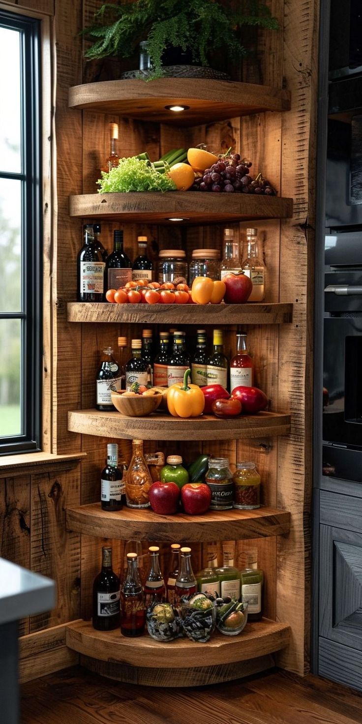 a wooden shelf filled with lots of food