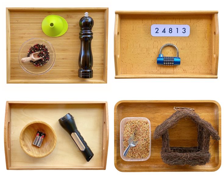 four wooden trays filled with different types of things to make it look like they are made out of wood