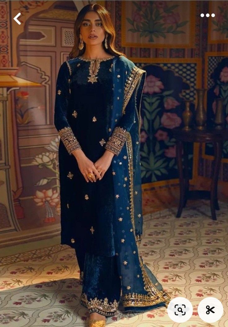 Velvet Pakistani Dress, Dress Designing Ideas, Velvet Suit Design, Blue Organza, Dress Designing, Velvet Dress Designs, Womens Trendy Dresses, Gota Work, Back The Blue