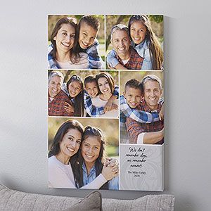 a family photo hanging on the wall above a couch in a living room with pillows