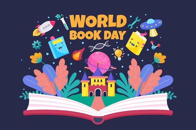 an open book with the words world book day on it and colorful illustrations surrounding it