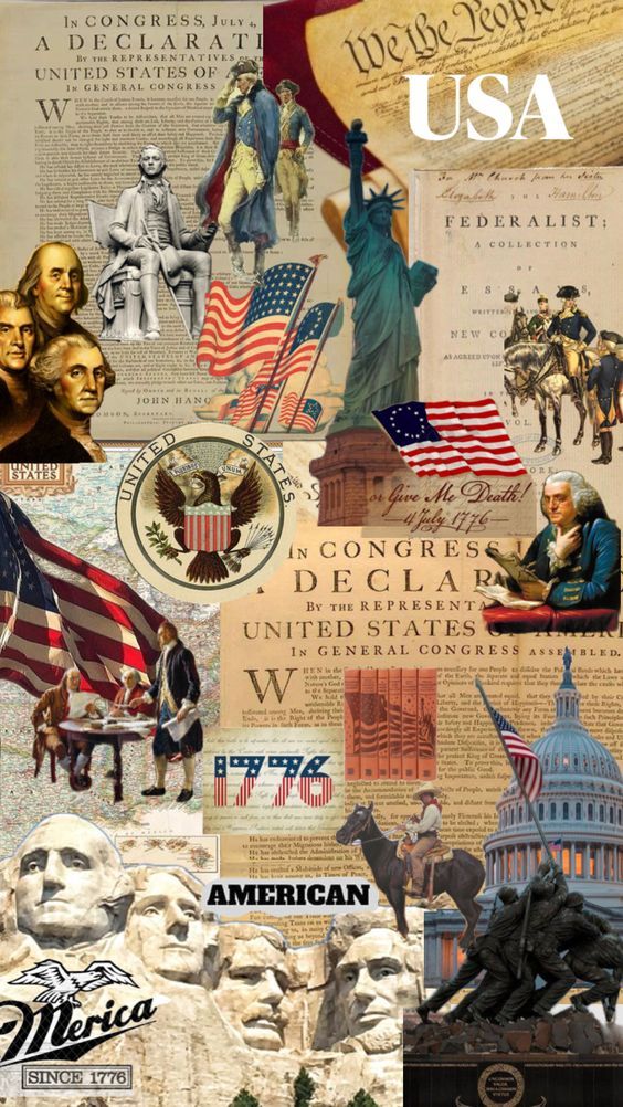 the collage is made up of many different pictures and words, including an american flag