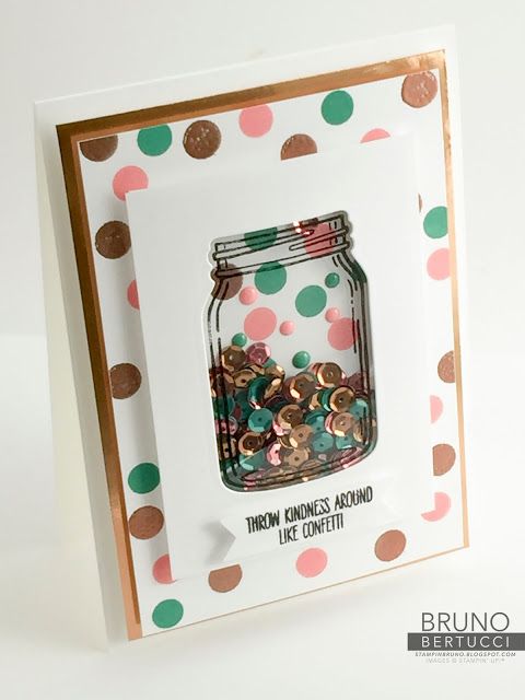 a card with a mason jar filled with coins on top of polka dot paper and the words grow kindness around like confetti