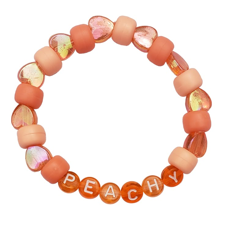 Accent any look with this cheeky iridescent accessory 🍑 Stretchy letter bracelet with mixed peach & orange beads Peach Beaded Bracelet, Rave Candy Bracelets Ideas, Kandi Bracelets Aesthetic, Kandi Bracelets Rave, Kandi Bracelets Ideas, Rave Candy, Kandi Bracelet Ideas, Kandi Inspiration, Rave Bracelets