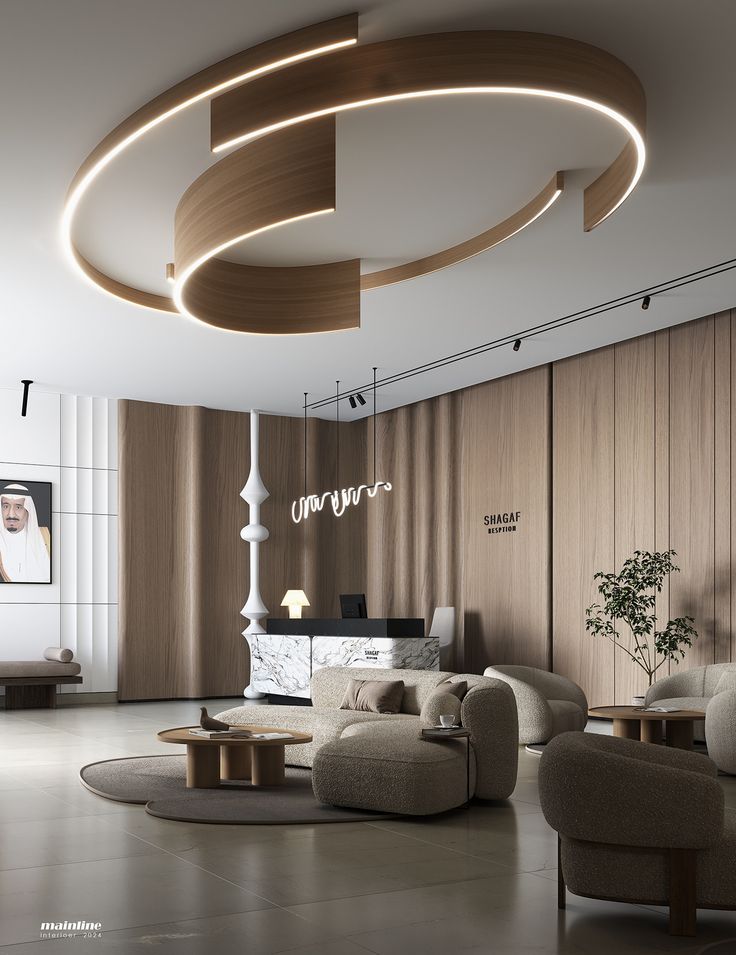 a living room with modern furniture and lighting