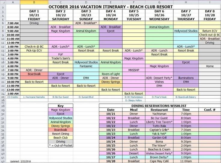 a spreadsheet showing the dates and times for each event, including an event