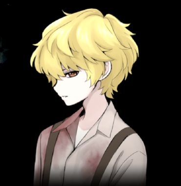 an anime character with blonde hair and suspenders looking at something in the dark background