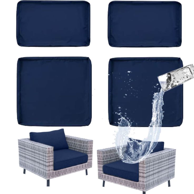 four pieces of furniture with blue cushions and water splashing from the armrests