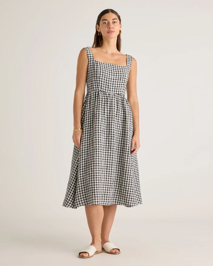 100% European Linen Fit & Flare Midi Dress 100% Cotton Dress, Linen Midi Dress Outfit, Black Gingham Dress, Eco Friendly Dress, Midi Dress Outfit, Gift Wishlist, Summer Midi Dress, Casual Midi Dress, Dress Feminine