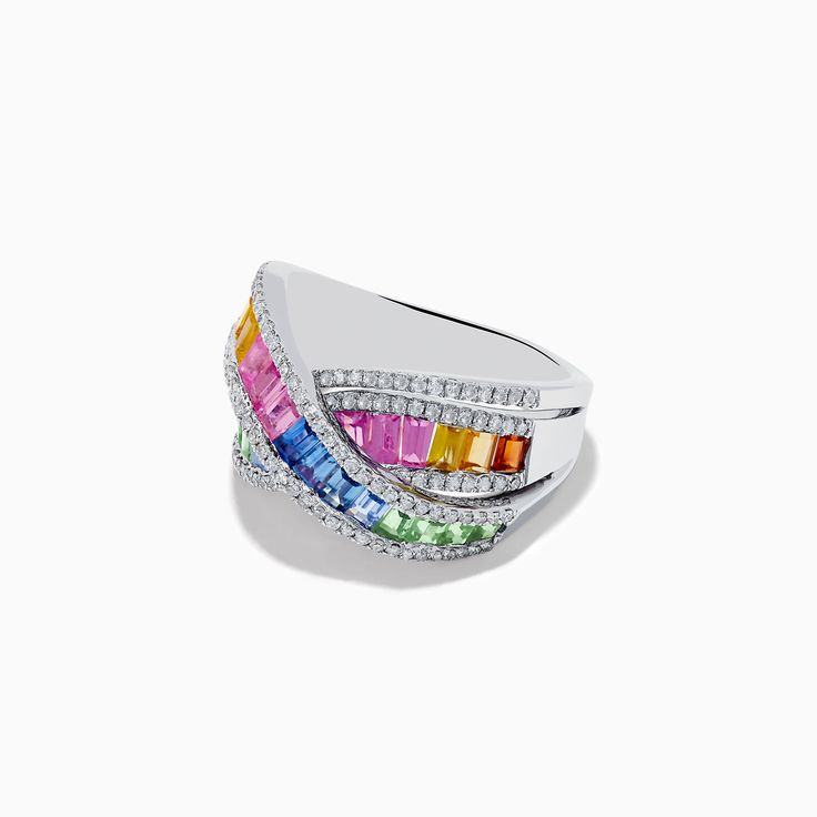 Watercolors 14K White Gold Multi Sapphire and Diamond Ring Multicolor Brilliant Cut Sapphire Ring For Formal Occasions, Multicolor Sapphire Ring With Brilliant Cut, Multicolor Oval Diamond Ring For Formal Occasions, Formal Multicolor Brilliant Cut Rings, Multicolor Cluster Ring For Formal Occasions, Multicolor Sterling Silver Rings Fine Jewelry, Multicolor Diamond Ring For Formal Events, Multicolor Diamond Ring For Formal Occasions, Formal Multicolor Oval Diamond Ring