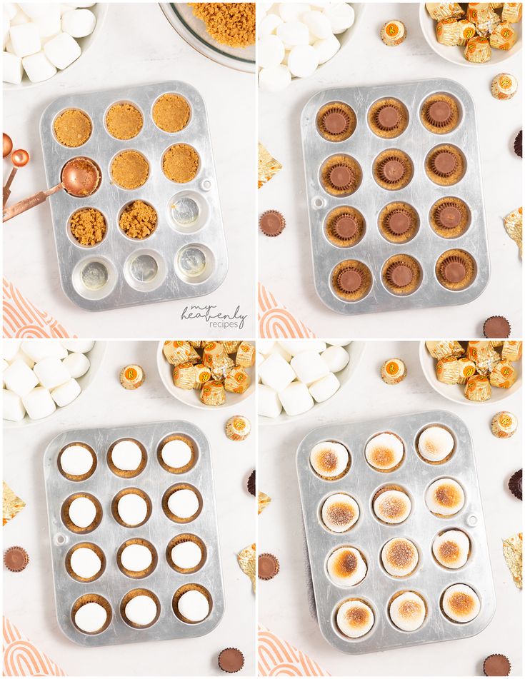 four pictures showing how to make cupcakes with marshmallows and chocolate