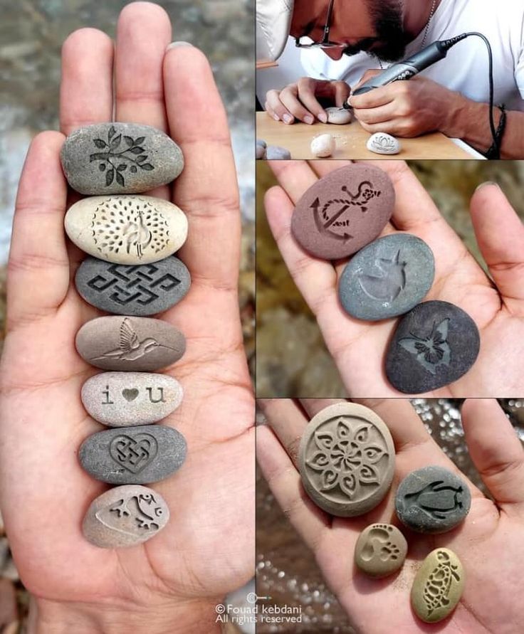 several pictures of rocks with different designs on them, and one has writing in the middle