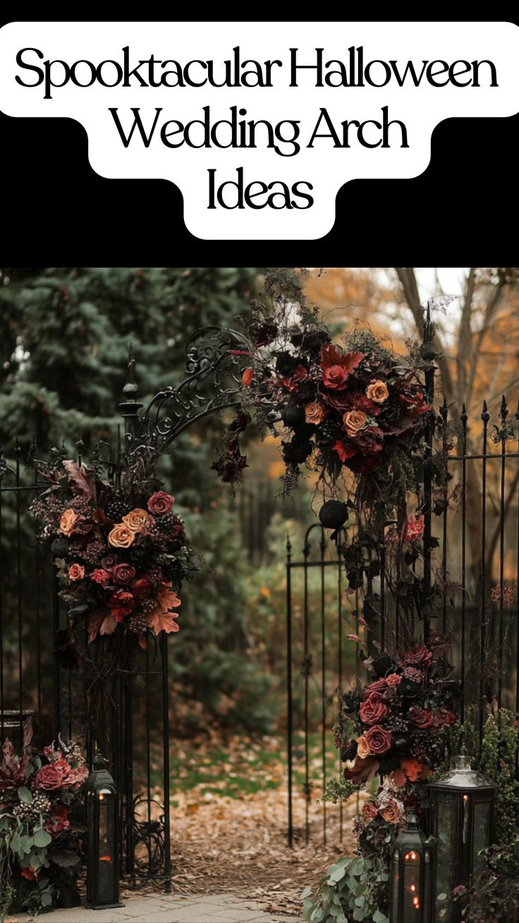 A gothic-style Halloween wedding arch decorated with dark florals, candles, and eerie details, creating a spooky yet elegant backdrop for a haunted wedding ceremony. Spooky Wedding Arch, Halloween Wedding Photo Booth, Elegant Halloween Wedding Decorations, Gothic Halloween Wedding Ideas, Halloween Wedding Arch, Halloween Wedding Reception Decorations, Gothic Wedding Arch, Unique Wedding Arch, Classy Halloween Wedding