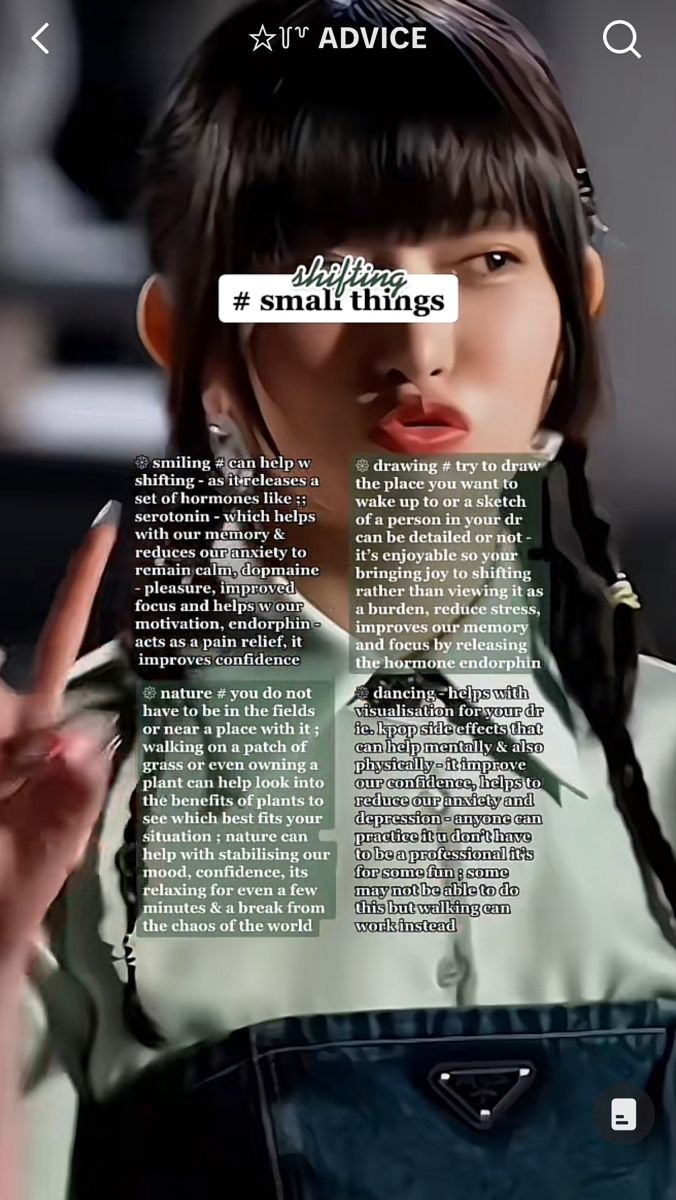 a girl with braids is holding her hand up to the side and has an ad for small things in front of her face