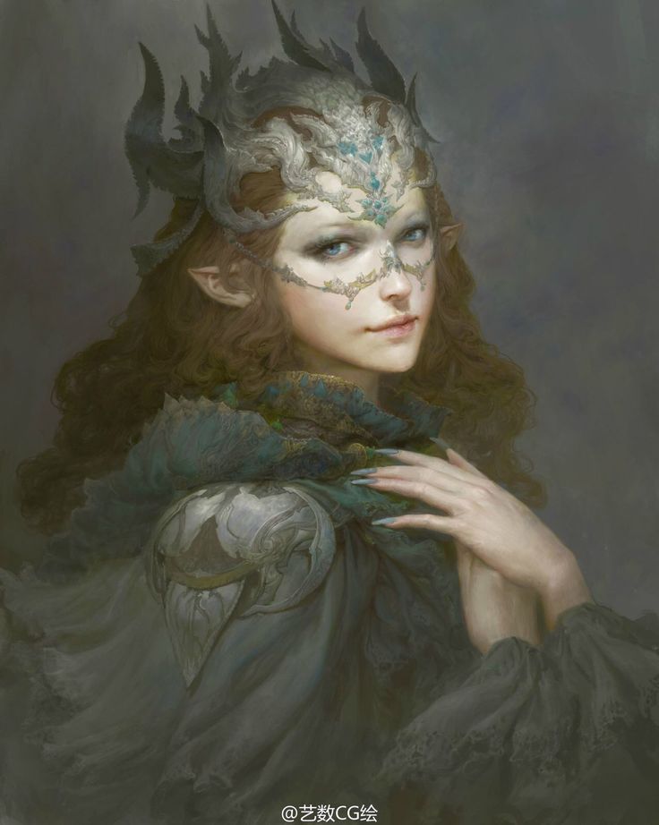 a painting of a woman with horns and feathers on her head, wearing a white mask