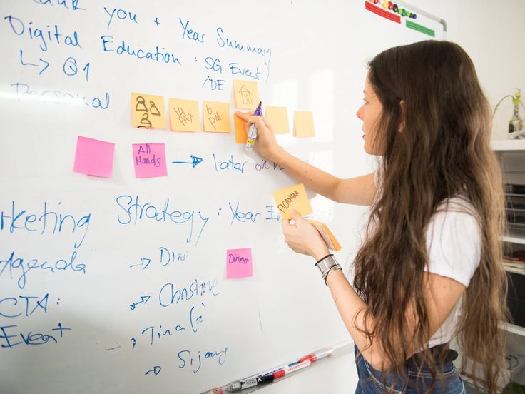 a woman writing on a white board with post it notes attached to the back wall